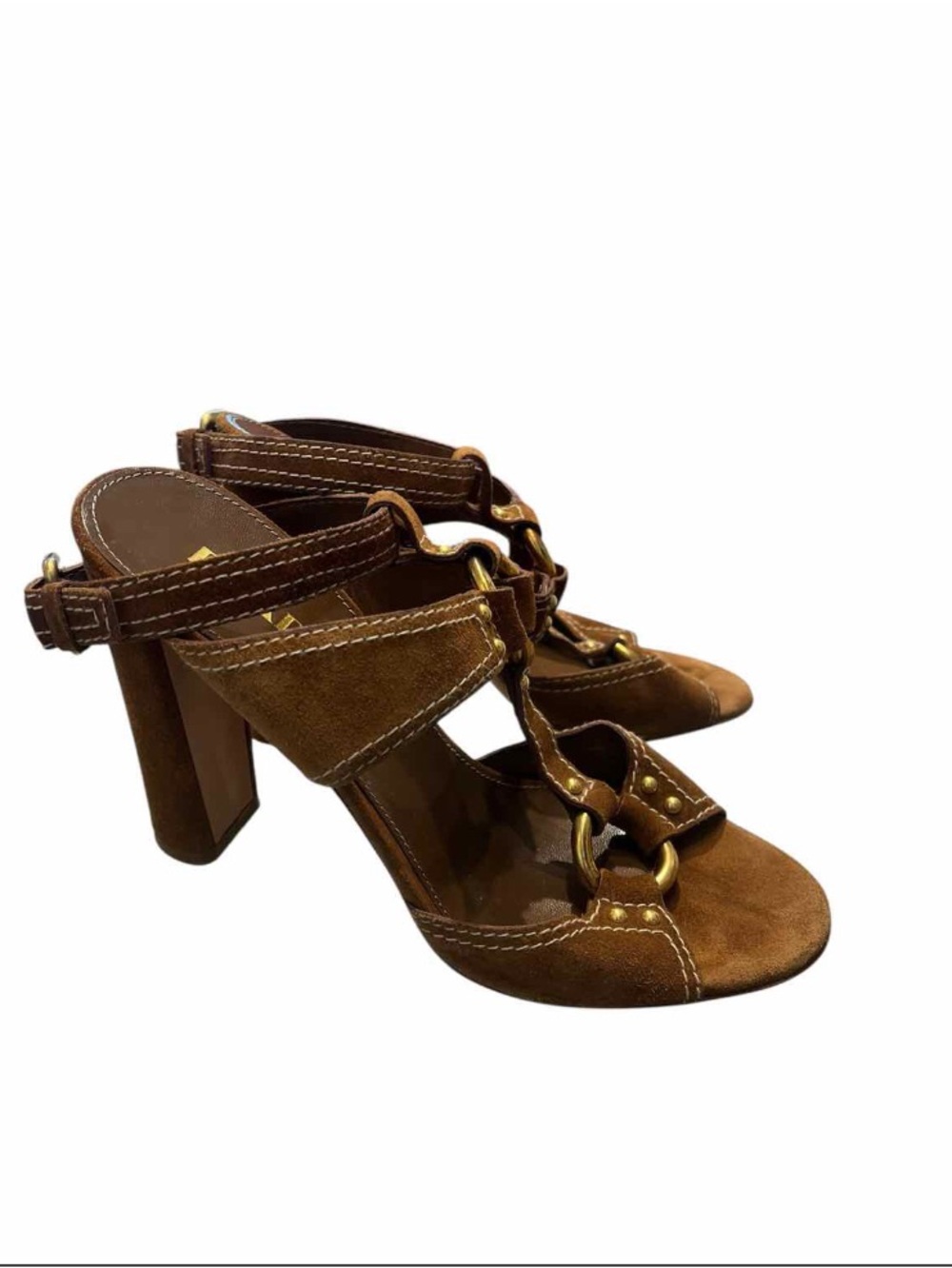Prada Brown Suede T-Strap Block Heel Sandals with Gold Rings - Picture 5 of 7